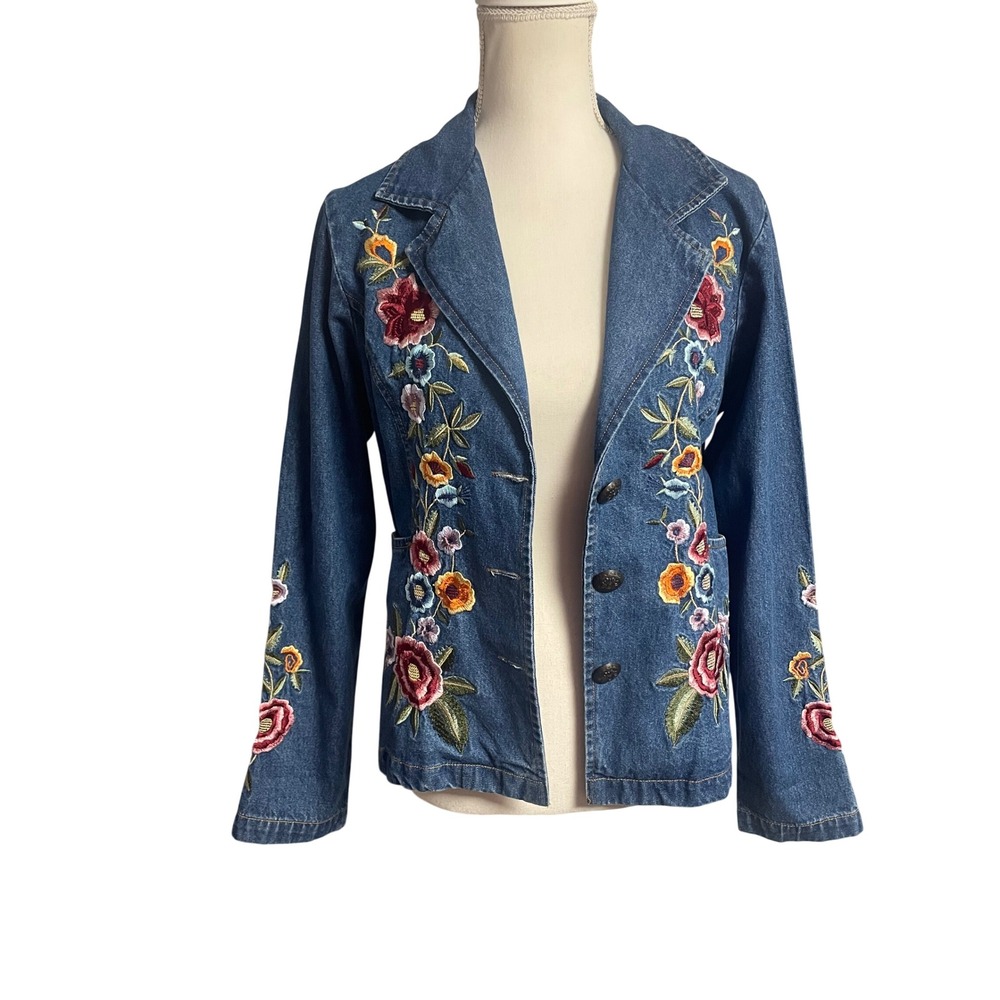 Vintage Y2K Keren Hart Floral Embroidered Denim Jacket Women's Small